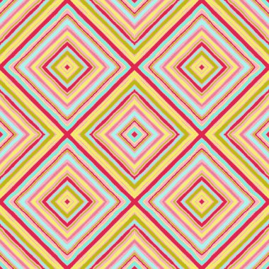 Çizgili çapraz dikdörtgen seamless modeli. Kare rhombus satırları yırtık kağıt etkisi ile. Etnik köken. Sarı, pembe, mavi, beyaz renk. Vektör