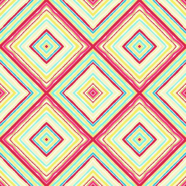 Çizgili çapraz dikdörtgen seamless modeli. Kare rhombus satırları yırtık kağıt etkisi ile. Etnik köken. Pembe, turuncu, yeşil, renkler. Vektör