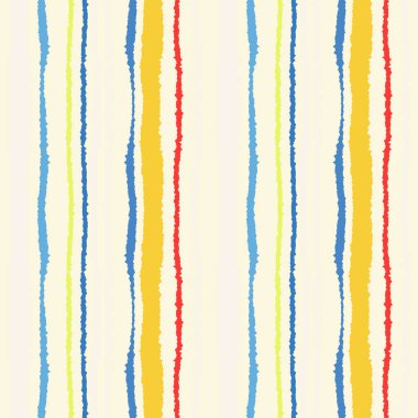 Sorunsuz şerit deseni. Dikey çizgiler yırtık kağıt etkisi ile. Kenar doku bile olmamalı. Mavi, sarı, beyaz, pembe renkli arka plan. Bahar Tema. Vektör