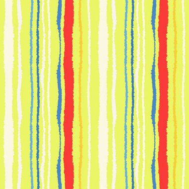 Sorunsuz şerit deseni. Dikey çizgiler yırtık kağıt etkisi ile. Kenar doku bile olmamalı. Mavi, sarı, beyaz, pembe renkli arka plan. Bahar Tema. Vektör