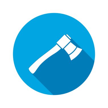 Aracı simgesi. Balta, hache enstrüman. İş, iş, emek, zahmet, onarım, düzeltme, Bina sembolü. Beyaz yuvarlak mavi tuşa uzun gölge ile oturum. İzole vektör