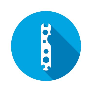 Aracı simgesi. Somun anahtarı, somun anahtarı enstrüman. Endüstriyel, sabitleme, destek donanım hizmeti sembolü. Beyaz yuvarlak düz butonuna imzala. Vektör