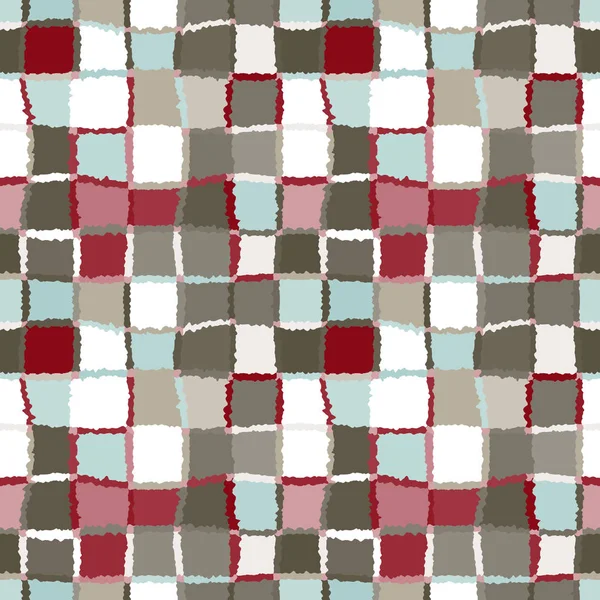Padrão de mosaico geométrico sem costura verificado. Fundo de retângulos tecidos e quadrados. Patchwork, cerâmica, textura da telha. Cáqui, verde, cinza, vinoso, cores brancas. Vetor — Vetor de Stock