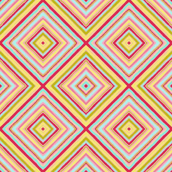 Çizgili çapraz dikdörtgen seamless modeli. Kare rhombus satırları yırtık kağıt etkisi ile. Etnik köken. Sarı, pembe, mavi, beyaz renk. Vektör