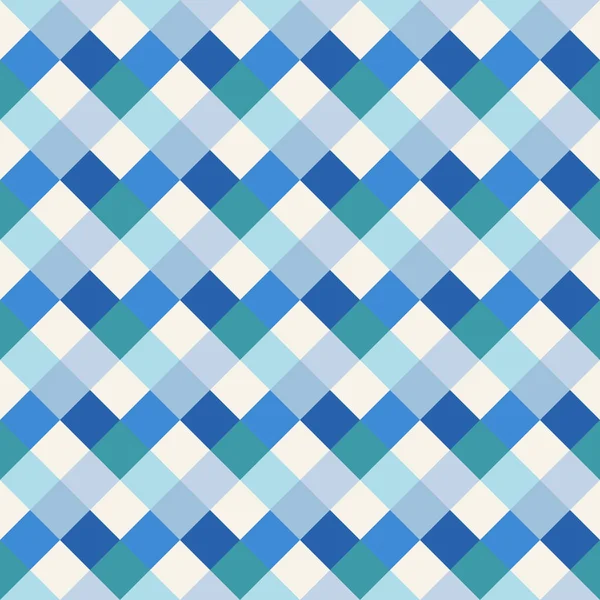 Patrón geométrico sin costuras comprobado. Diagonal cuadrado, fondo de línea tejida. Rombo, textura patchwork. Azul, gris, aqua, blanco pastel de color. Vector — Archivo Imágenes Vectoriales