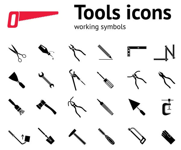 Tools icons set. Glue, pliers, tongs, wrench key, hammer, rubber gloves, spattle, brush, scissors, chisel, clamp, saw, pinchbar, surfacer, spade, angle. Repair fix symbols. Vector — Stock Vector