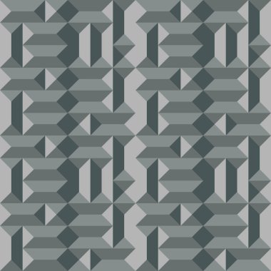 Kesintisiz geometrik mimari desen. Dışbükey metalik doku ile dikdörtgen ve kare piramitleri. Gri renkli arka plan. Vektör