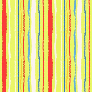 Sorunsuz şerit deseni. Dikey çizgiler yırtık kağıt etkisi ile. Kenar doku bile olmamalı. Mavi, sarı, beyaz, kırmızı renkli arka plan. Bahar Tema. Vektör