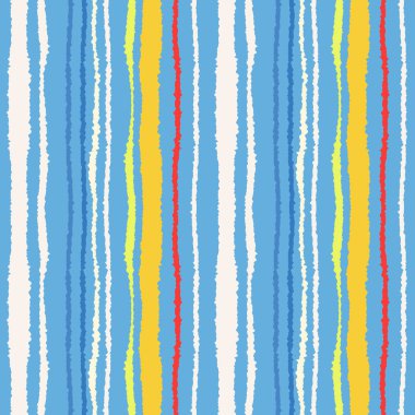 Sorunsuz şerit deseni. Dikey çizgiler yırtık kağıt etkisi ile. Kenar doku bile olmamalı. Mavi, sarı, beyaz, kırmızı renkli arka plan. Bahar Tema. Vektör