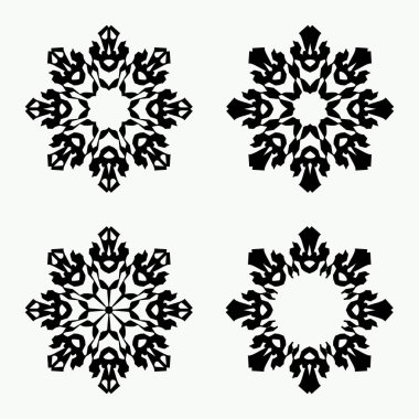 Noel kar tanesi Icon set. Dekoratif görünümü kar işaretler. Kış, yeni yıl, tatil sembolü. Beyaz arka planda siyah siluet. İzole vektör