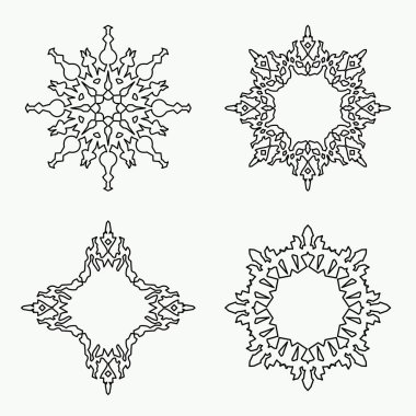 Noel kar tanesi Icon set. İnce çizgi işaretleri. Süs dantel görünüm düğmeleri. Kış, yeni yıl, tatil sembolü. Beyaz arka planda siyah siluet. İzole vektör