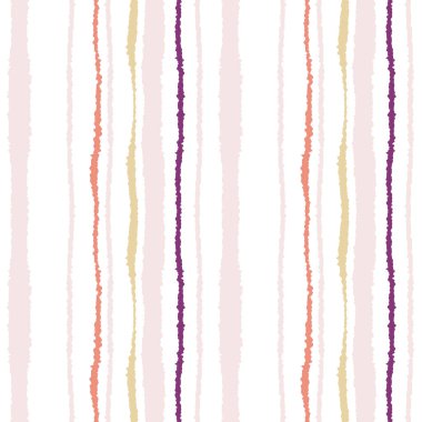 Seamless strip pattern. Vertical lines with torn paper effect. Shred edge texture. Gray, orange, purple on white colored background. Vector clipart