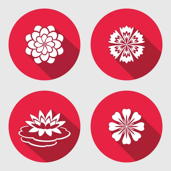 Flower icons set. Lily, blue poppy, chamomile daisy gowan. Floral symbols. Round circle flat sign with long shadow. Vector — Stock Vector