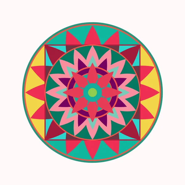 Icono del tatuaje Mandala. Adorno geométrico redondo estilizado. Armonía, suerte, símbolo infinito. Verde, rojo, amarillo. Vector — Archivo Imágenes Vectoriales