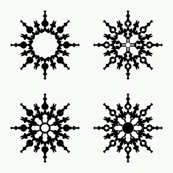 Ensemble d'icône de flocon de neige de Noël. Vue ornementale signes de neige. Hiver, Nouvel An, symbole des fêtes. Silhouette noire sur fond blanc. Vecteur isolé — Image vectorielle