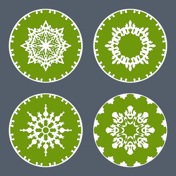 Christmas snowflake icon set. Ornamental view snow signs. Winter, New Year, holiday symbol. White green silhouette on gray background. Vector isolated — Stock Vector