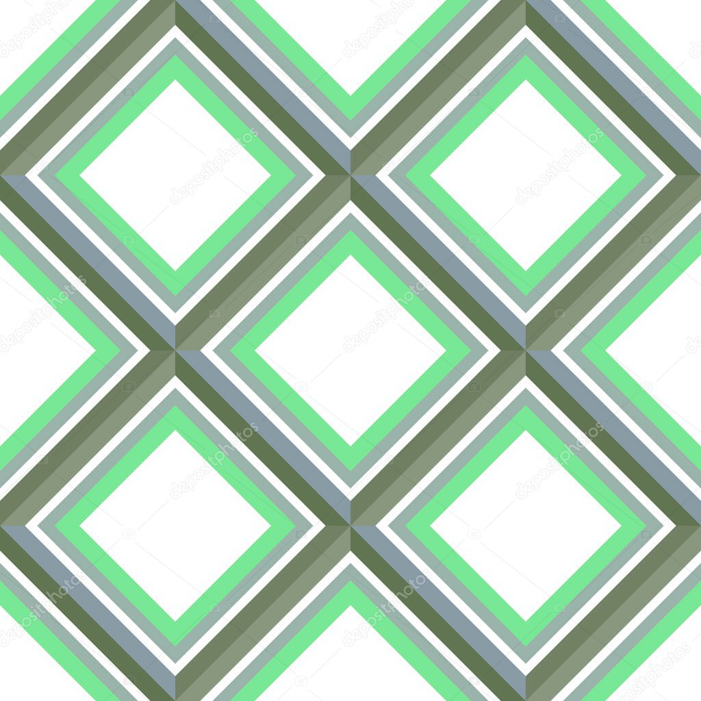 Striped diagonal rectangle seamless pattern. Square rhombus lines with shadow effect. Geometric background. Gray, green, blue on white colored. Vector