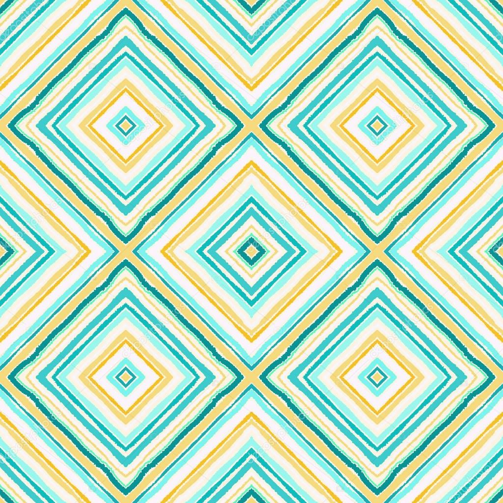 Striped diagonal rectangle seamless pattern. Square rhombus lines with torn paper effect. Ethnic background. Gray, green, blue, rose colors. Vector