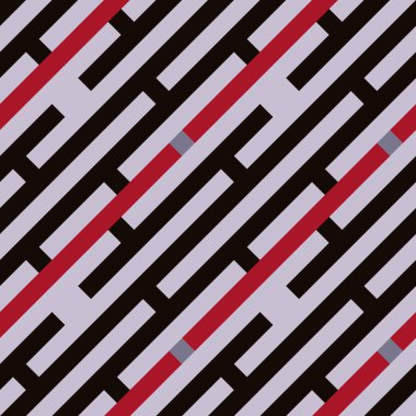 Kesintisiz geometrik çizgili desen. Doku Çapraz Şeritler, çizgiler ve dikdörtgenler. Kırmızı, gri, siyah renkli arka plan. Labirent Tema. Vektör