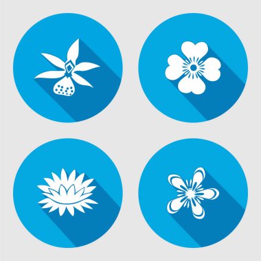 Çiçek Icons set. Anemon çiçeği, papatya, unutma, lily, nilüfer, orkide. Çiçek sembolleri. Yuvarlak daire düz işareti uzun gölge ile. Vektör