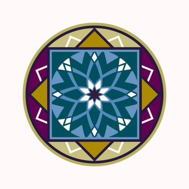 Mandala dövme renkli simge. Geometrik yuvarlak stilize süs. Uyum, şans, sonsuzluk simgesi. Turkuaz, mavi, mor, beyaz renk. Vektör