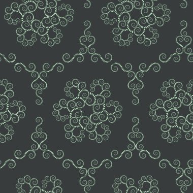 Seamless lace pattern. Vintage abstract texture. Spiral, twirl figures of laurel leaves. Green gray contrast colored background. Vector clipart