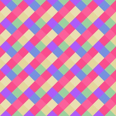 Kesintisiz geometrik desen. Çapraz kare, örgü, dokuma satır arkaplanı. Strapwork doku parlak, alacalı, kitsch, Festivali, palyaço, tatil renkler. Pembe, mavi renkli. Rhomb şekil. Vektör