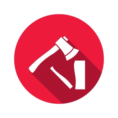 Aracı simgesi. Balta, hache enstrüman. İş, iş, emek, zahmet, onarım, düzeltme, Bina sembolü. Beyaz yuvarlak düğmesi uzun gölge ile oturum. İzole vektör