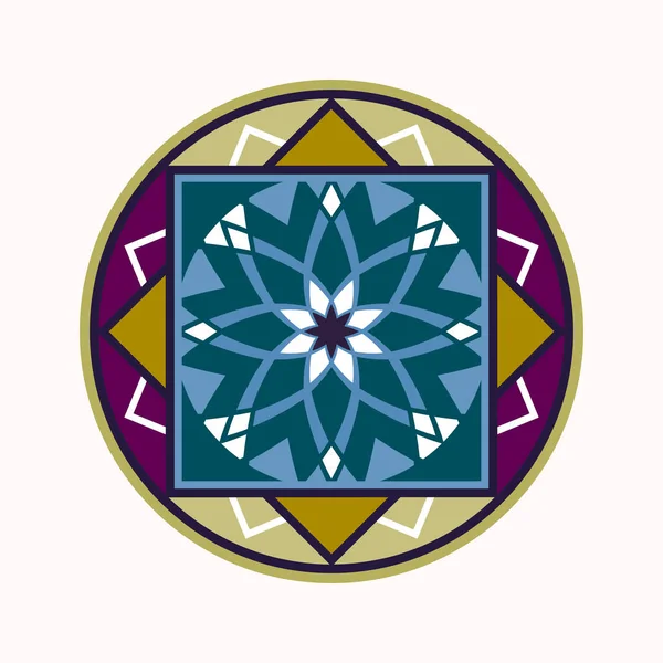 Mandala ikona kolorowy tatuaż. Geometryczne okrągły ornament stylizowane. Harmonia, szczęścia, symbol nieskończoności. Kolory niebieski, fioletowy, turkusowy, biały. Wektor — Wektor stockowy