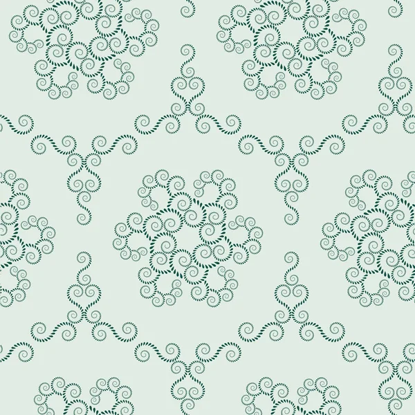 Patrón de encaje sin costuras. Textura abstracta vintage. Figuras espirales y giratorias de hojas de laurel. Fondo de contraste gris verde. Vector — Vector de stock