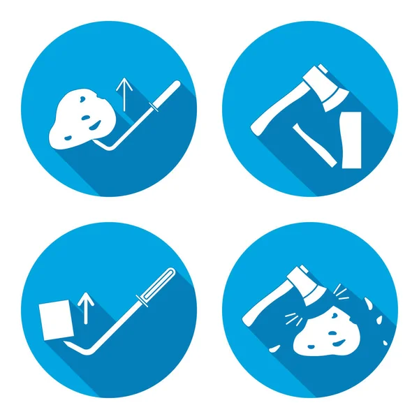 Tool icons set. Axe, hache, pinchbar instrument. Working, unskilled, toil, unable, useless method symbol. White sign on round button with long shadow. Vector — Stock Vector