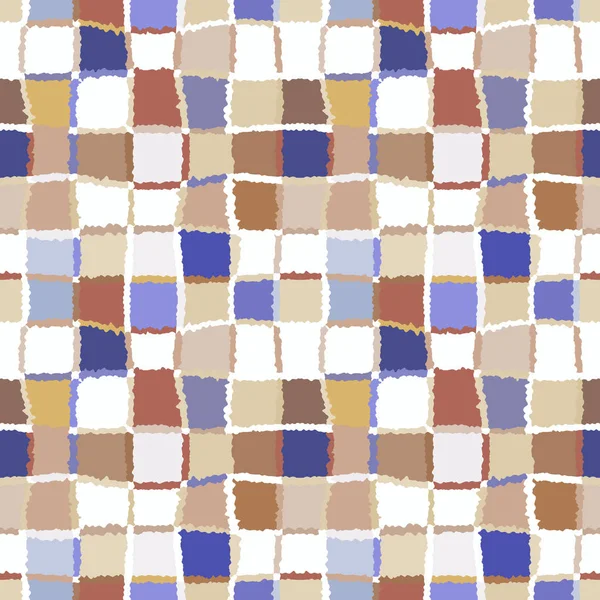 Padrão de mosaico geométrico sem costura verificado. Fundo de retângulos tecidos e quadrados. Patchwork, cerâmica, textura da telha. Cinza, bege, cores azuis. Vetor —  Vetores de Stock