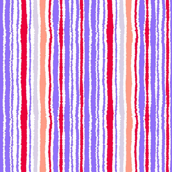 Seamless strip pattern. Vertical lines with torn paper effect. Shred edge texture. Lilac, orange, red colors on white background. Vector — Stock Vector