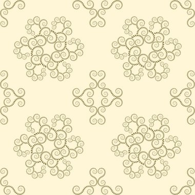 Sorunsuz dantel modeli. Vintage, kıvrılmış doku. Sarmal, girdap çiçek kar taneleri siluetleri. Defne yaprakları süsü twist. Hafif yumuşak sarı zemin üzerine zeytin şekil. Altın renkli. Vektör