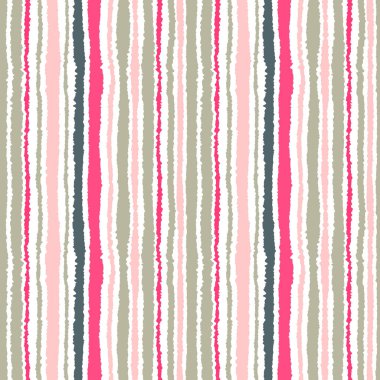 Sorunsuz şerit deseni. Dikey çizgiler yırtık kağıt etkisi ile. Kenar arka plan bile olmamalı. Işık, kontrast, gri, beyaz üzerine pembe renkler. Vektör çizim