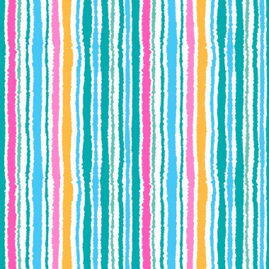 Sorunsuz şerit deseni. Dikey çizgiler yırtık kağıt etkisi ile. Kenar arka plan bile olmamalı. Yaz, sıcak, mavi, sarı, turkuvaz, gül, agua, beyaz. Deniz tema. Vektör çizim