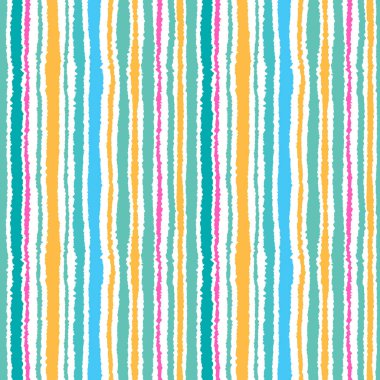 Sorunsuz şerit deseni. Dikey çizgiler yırtık kağıt etkisi ile. Kenar arka plan bile olmamalı. Yaz, sıcak, mavi, sarı, turkuvaz, gül, agua, beyaz. Deniz tema. Vektör çizim