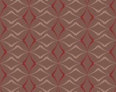 Kesintisiz geometrik soyut desen. Çapraz rhomb şeklinde örgü şekil doku. Olağandışı rhombus bantları, koyu arka plan üzerinde çizgiler. Pastel renkler kahverengi, kırmızı, bej. Vektör
