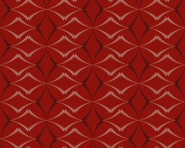 Kesintisiz geometrik soyut desen. Çapraz rhomb şeklinde örgü şekil doku. Olağandışı rhombus bantları, koyu arka plan üzerinde çizgiler. Pastel renkler kahverengi, kırmızı, bej. Vektör