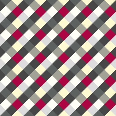 Seamless geometrik kontrol modeli. Çapraz kare dokuma satır arkaplanı. Rhombus, patchwork doku. Gri, kırmızı, beyaz renkli. Vektör