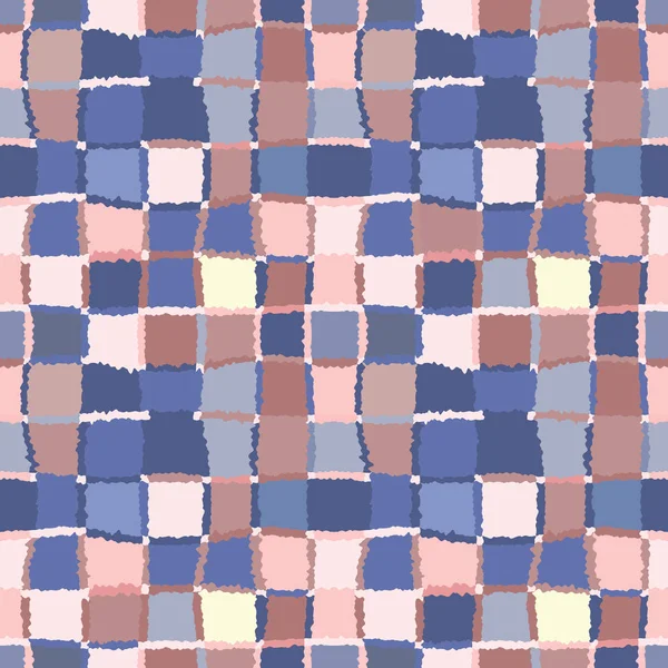 Nahtlose geometrische Mosaik-Karomuster. Hintergrund aus gewebten Rechtecken und Quadraten. Flickwerk, Keramik, Fliesenstruktur. kalt, pastellfarben, bunt, blau, braun, rosa, grau. Winterthema. Vektor — Stockvektor