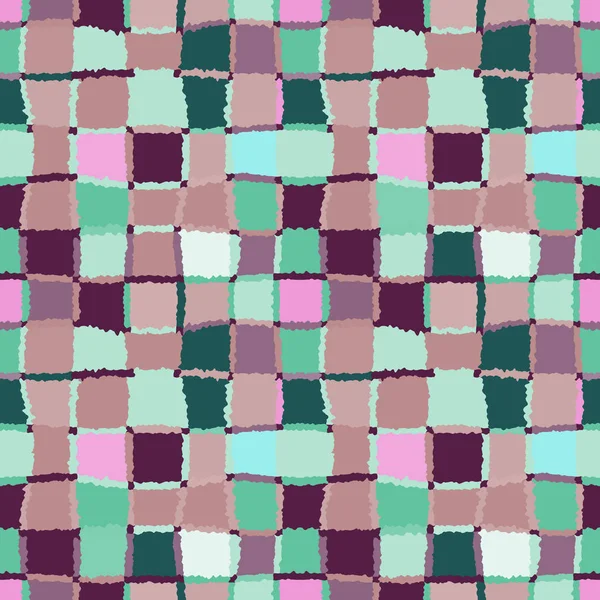 Patrón de mosaico geométrico sin costuras. Rectángulos, cuadrados, fondo de línea tejida. Patchwork, cerámica, textura del azulejo. Marrón claro suave, rosa, verde frío, colores vinosos oscuros del contraste. Tema invierno coloreado — Vector de stock