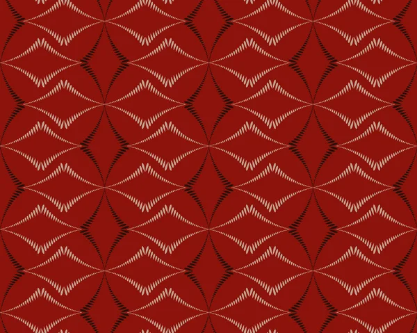 Kesintisiz geometrik soyut desen. Çapraz rhomb şeklinde örgü şekil doku. Olağandışı rhombus bantları, koyu arka plan üzerinde çizgiler. Pastel renkler kahverengi, kırmızı, bej. Vektör