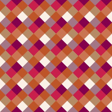 Seamless geometrik kontrol modeli. Çapraz kare dokuma satır arkaplanı. Rhombus, patchwork doku. Kırmızı, Lila, beyaz renkli. Vektör
