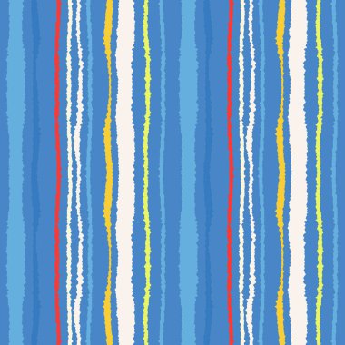 Sorunsuz şerit deseni. Dikey çizgiler yırtık kağıt etkisi ile. Kenar doku bile olmamalı. Mavi, sarı, beyaz, kırmızı renkli arka plan. Bahar Tema. Vektör
