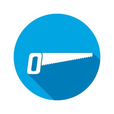 Aracı simgesi. Gördüm, dırdırcı enstrüman. İş, iş, emek, zahmet, onarım, düzeltme, Bina sembolü. Beyaz yuvarlak düğmesi uzun gölge ile oturum. İzole vektör