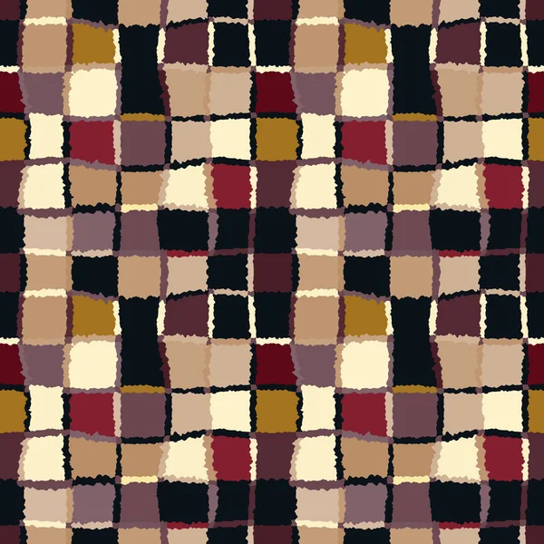 Padrão de mosaico geométrico sem costura verificado. Fundo de retângulos tecidos e quadrados. Patchwork, cerâmica, textura da telha. Cores quentes, brilhantes, castanhas, amarelas, vinosas. Inverno, café, tema de chocolate — Vetor de Stock
