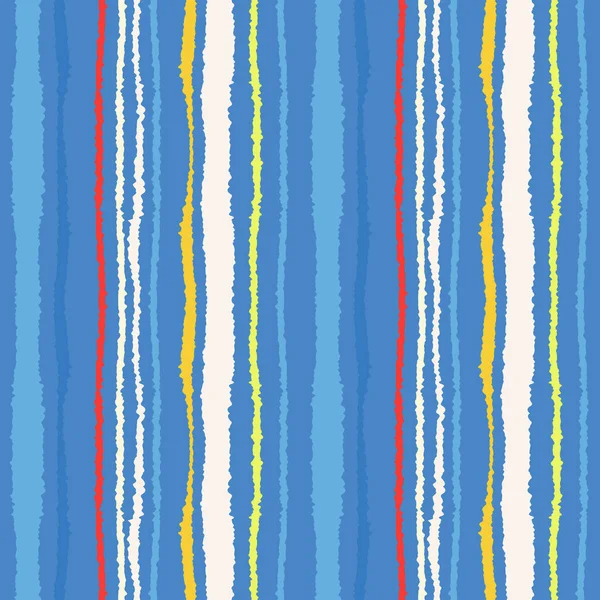 Patrón de tira sin costuras. Líneas verticales con efecto de papel roto. Triturar textura de borde. Fondo azul, amarillo, blanco, rojo. Tema de primavera. Vector — Archivo Imágenes Vectoriales