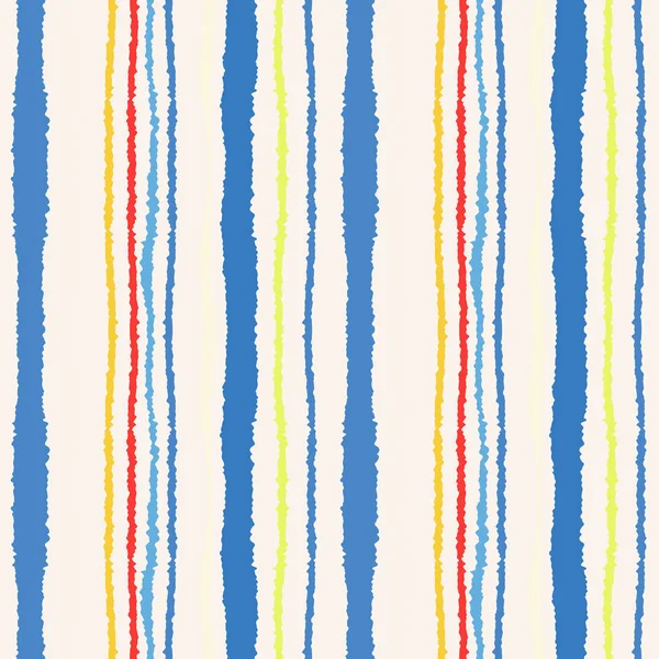 Naadloze strip patroon. Verticale lijnen met gescheurd papier effect. Het patroon van de rand van het stukje. Blauw, geel, wit, rood gekleurde achtergrond. Lente thema. Vector — Stockvector