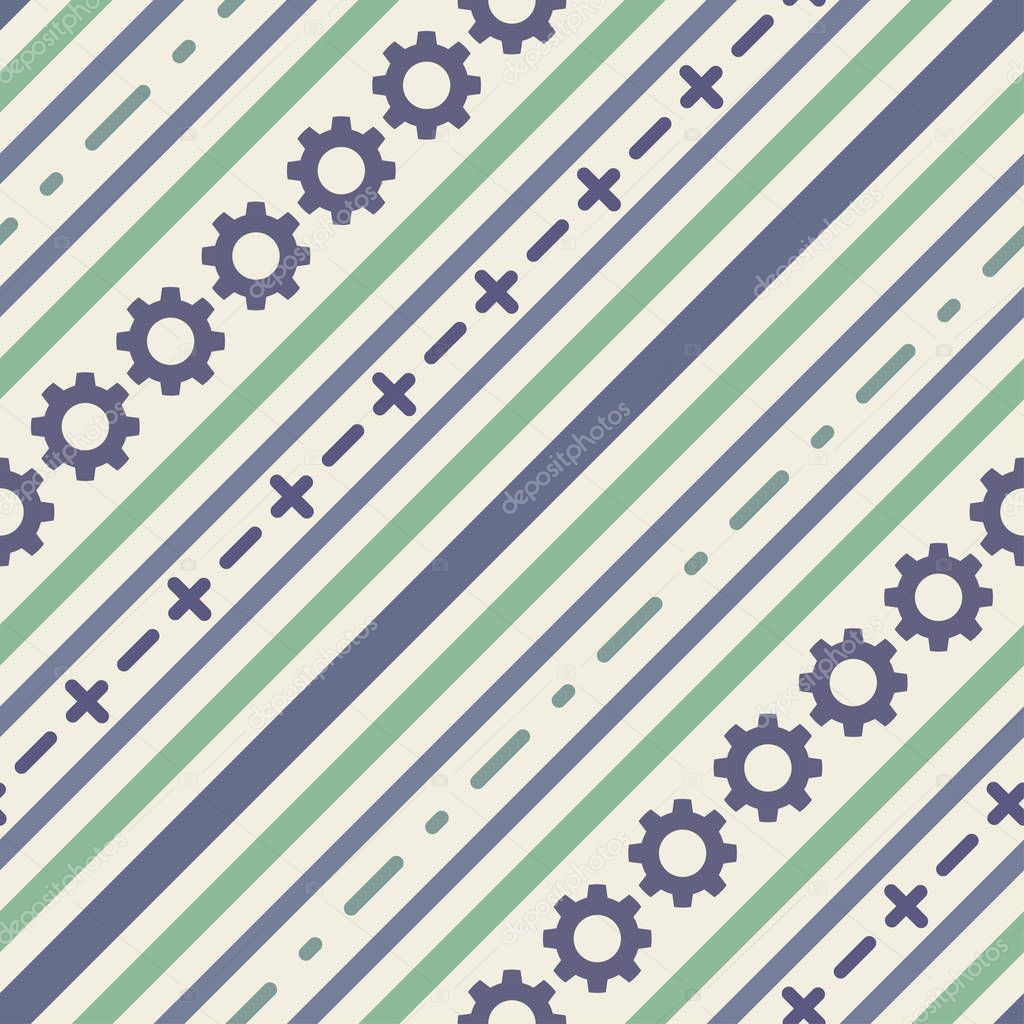 Seamless geometric stripy pattern. Texture of diagonal strips, dash lines, gear strokes. Fashion for professional. Manager, solution trend concept. Green blue colored background. Vector